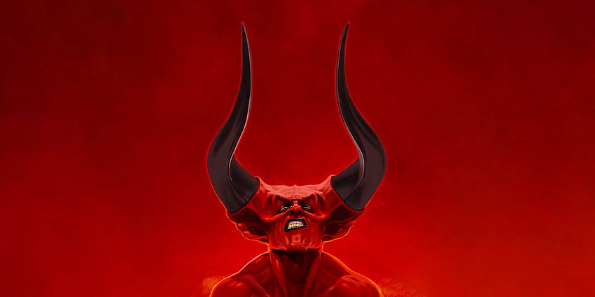 Czerwony demon, duże ostre rogi, fantazja, sztuka Tapeta HD