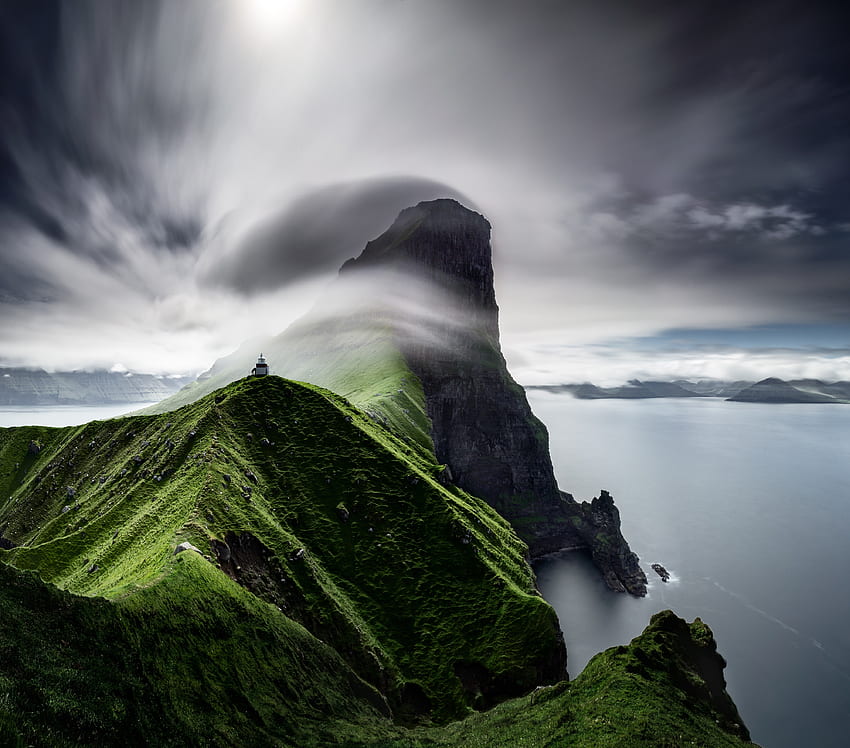 Coast, Faroe Islands, Lighthouse, mountain cliff HD wallpaper