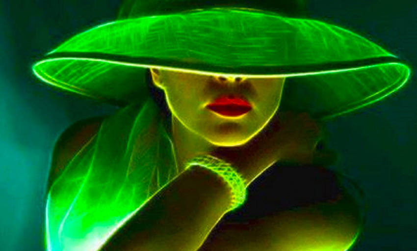 Lady in Green, seni, gadis, cantik, wanita, anggun, digital, fantasi, hijau, topi Wallpaper HD