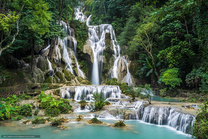 Kuang Si Waterfall, Laos, waterfall, forest HD wallpaper