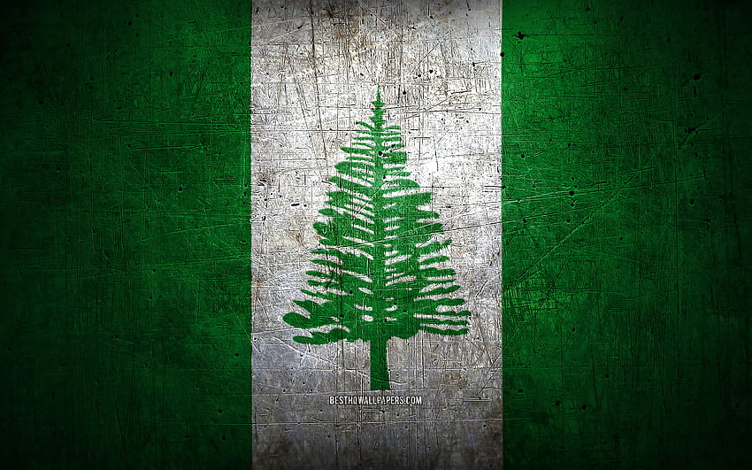 Norfolk Island metal flag, grunge art, oceanian countries, Day of Norfolk Island, national symbols, Norfolk Island flag, metal flags, Flag of Norfolk Island, Oceania, Norfolk Island HD wallpaper