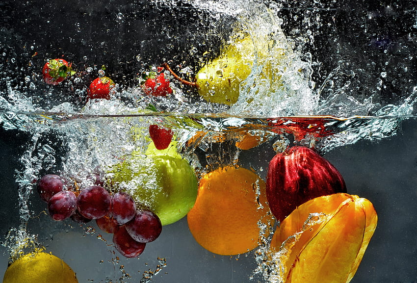Fresh fruit splashing in water, Squirt, Fruits, Berries, Sea HD wallpaper