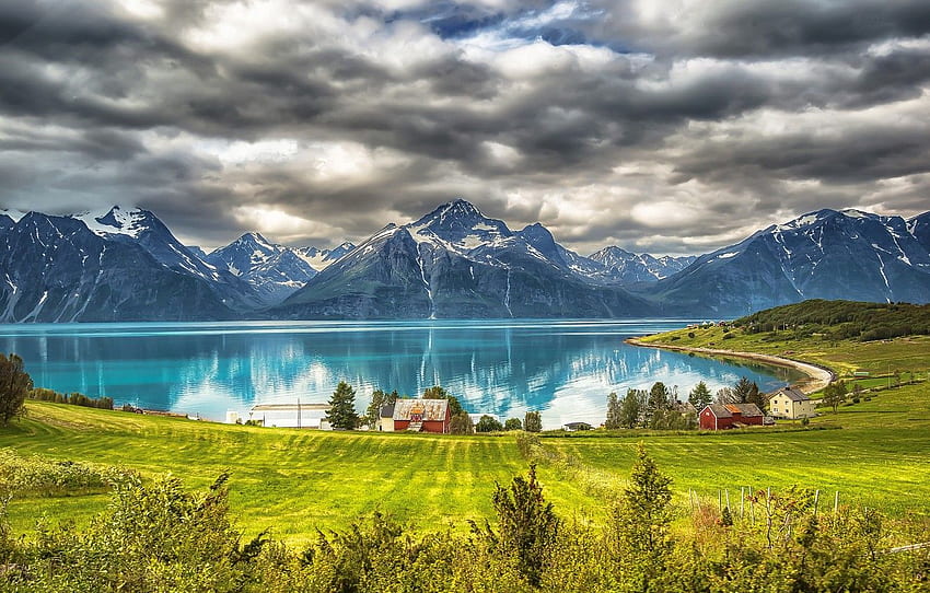 sea, grass, mountains, house, Bay, Sweden, Sweden Landscape HD wallpaper