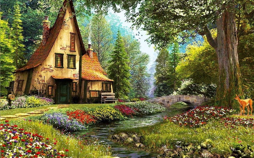 Forest Cottage, arbres, herbe, chalet, forêt Fond d'écran HD