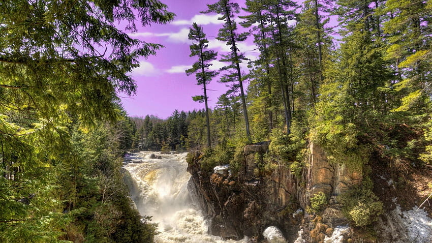 rapid waterfall under magenta sky, gorge, rapids, trees, sky, magenta, waterfakk HD wallpaper