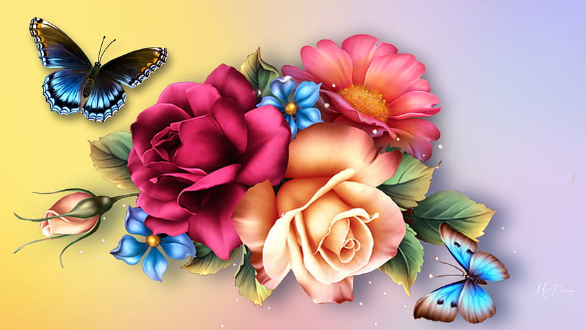 Roses N Butterflies, summer, butterflies, roses, shine, bright, floral ...