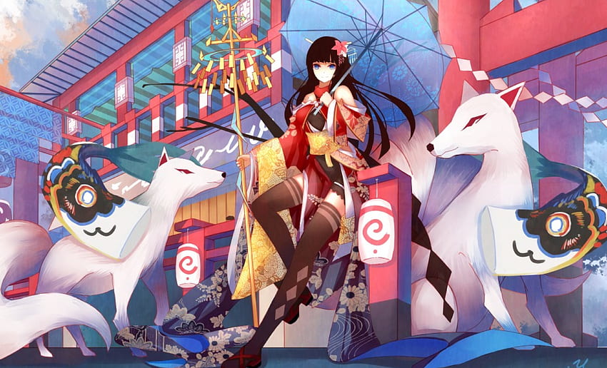 Kitsune, japanese, art, japan, girl, long hair, oriental, fox, orginal HD wallpaper