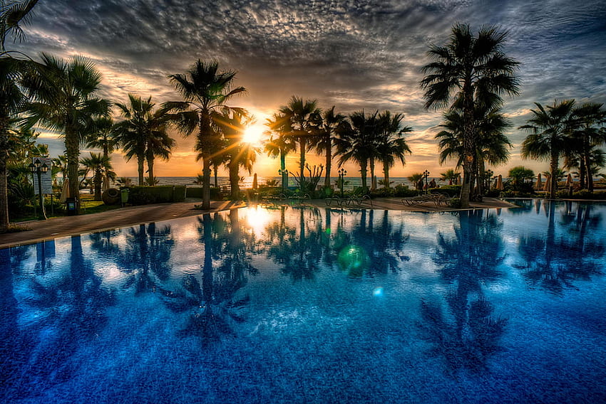 Paradies, Palme, Sommer, Sonnenuntergang, Meer, Strand, fantastisch HD-Hintergrundbild