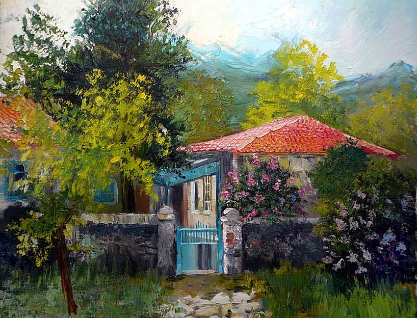 Catherine Pogodeykina (Khabarova) - una piccola casa in Crimea, pittura, arte, casa, catherine pogodeykina khabarova, albero Sfondo HD