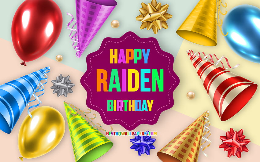 Feliz Birtay Raiden, , Birtay Balloon Background, Raiden, arte criativa, Happy Raiden birtay, arcos de seda, Raiden Birtay, Birtay Party Background papel de parede HD