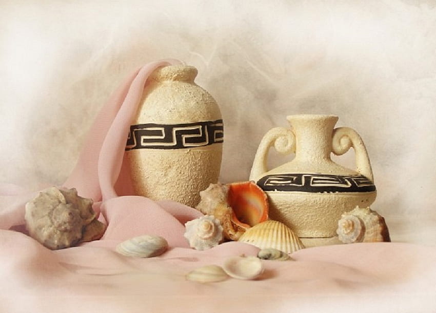 砂と貝殻、白、貝殻、砂、ほら貝、クリーミー、美しい、スパイラル、シルク、ピンク、エジプト、花瓶、アイボリー、布、貝殻 高画質の壁紙