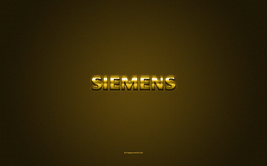 Logotipo da Siemens, logotipo brilhante amarelo, Siemens metal emblema, amarelo textura de fibra de carbono, Siemens, marcas, arte criativa, Siemens emblema papel de parede HD