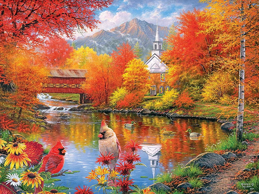 Църква през есента, сезон, листа, жълто, зелено, червено, църква, злато, езерце HD тапет