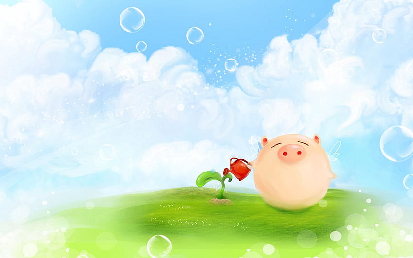 Grass, Art, Clouds, Polyana, Glade, Pig, Sprout, Watering Can HD wallpaper