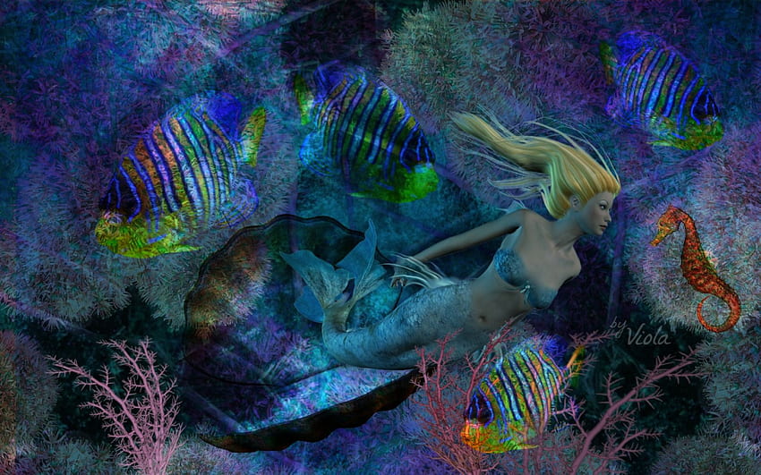 Mermaid, sea, fishes, design, blonde, art, water plants, fantasy, under water, Viola Tricolor, ocean HD wallpaper