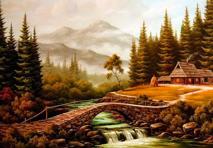 Планинска къща, река, рекичка, овчици, спокойствие, спокойствие, хубаво, тихо, бряг, , дървета, есен, хълмове, изкуство, къща, есен, ферма, красива, планина, камък, мост, природа, вила, прекрасно, спокойствие , село, поток HD тапет