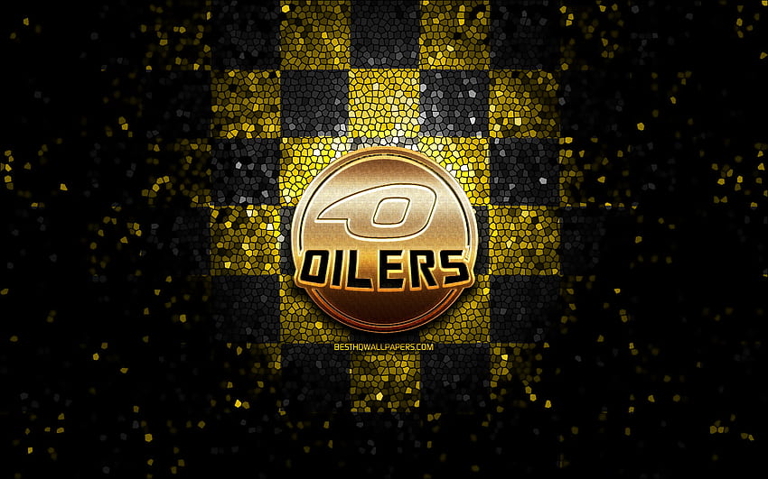 HC Stavanger Oilers, glitter logo, Fjordkraft-ligaen, yellow black checkered background, hockey, Eliteserien, norwegian hockey team, Stavanger Oilers logo, mosaic art, Stavanger Oilers, Norway, Stavanger Ishockeyklubb HD wallpaper