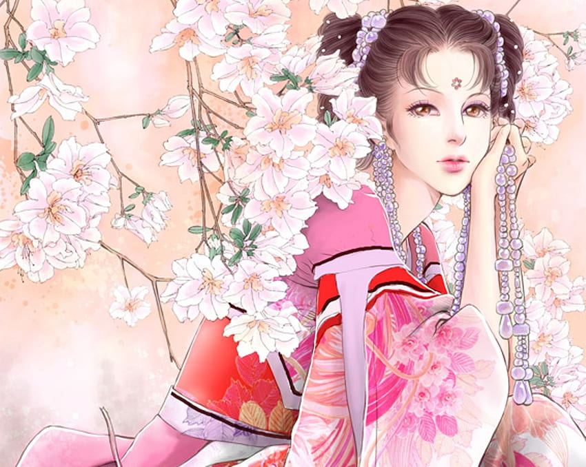 Under beauty flower, kimono, cute, oriental, beauty, nice, maiden ...