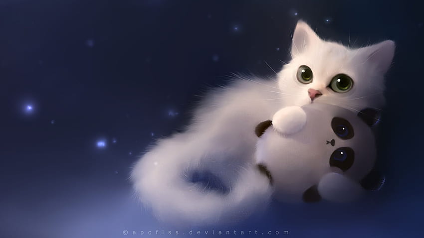 Disegnato simpatico gatto anime - matita e disegnato a colori, piccolo simpatico cartone animato Panda Sfondo HD