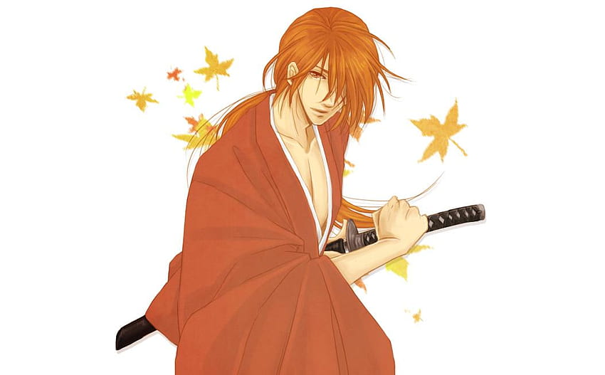 Himura Kenshin, kenshin, kimono, cabello naranja, blanco, cabello largo, solitario, samurai x, masculino, espada, ojos naranjas, armas, rurouni kenshin, hojas, anime, samurai, kenshin himura, katana, solo fondo de pantalla