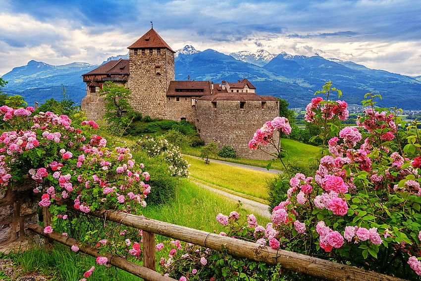 Château de Vaduz, clôture, que, fleurs, beau, château, voyage, vacances, Liechtenstein Fond d'écran HD