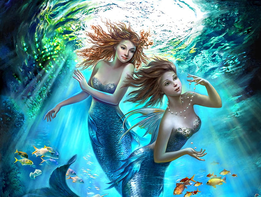 Sirènes, bleu, sirène, frumusete, ange féerique fantastique, été, nadia strelkina, fantaisie, couple, sous-marin, poisson, luminos Fond d'écran HD