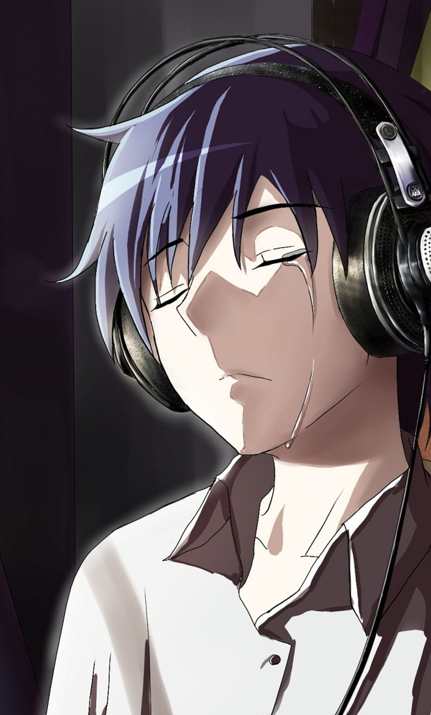 Anime Boy pleurant devant l'iPhone d'ordinateur portable Apple, arrière-plan et, triste Anime pleurant Fond d'écran de téléphone HD