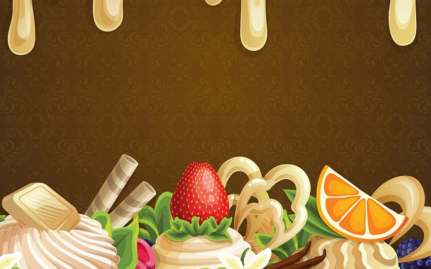 ขนมหวาน รสหวาน สตรอเบอร์รี่ ช็อคโกแลต ของหวาน ผลไม้ ส้ม อาหาร ครีม วอลล์เปเปอร์ HD