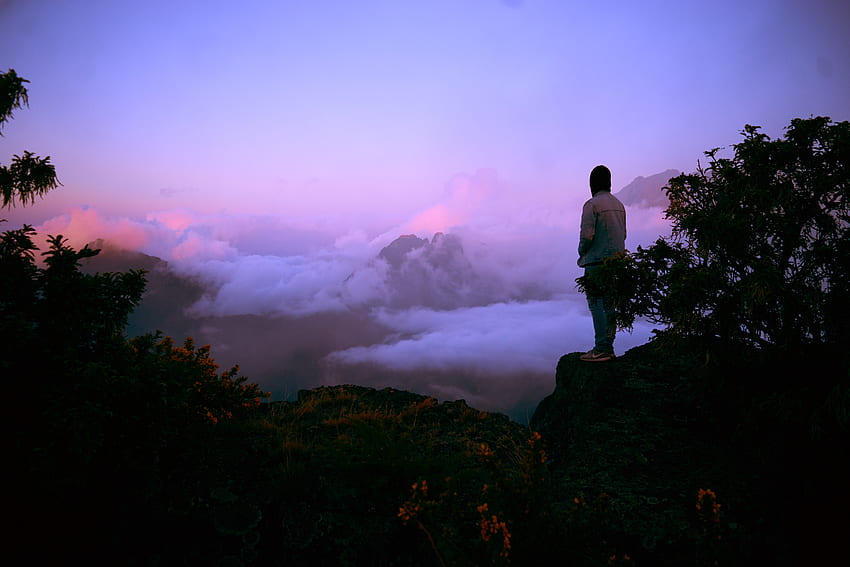 Natura, góry, wierzchołek, góra, mgła, człowiek, osoba Tapeta HD