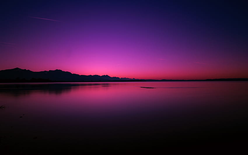Ciel bleu rose, coucher de soleil, lac, silhouette , , Ultra 16:10, Widescreen Fond d'écran HD