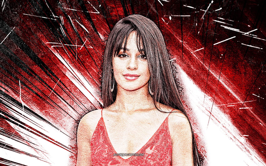 Camila Cabello, grunge art, american singer, music stars, Karla Camila Cabello Estrabao, american celebrity, superstars, red abstract rays, Camila Cabello HD wallpaper
