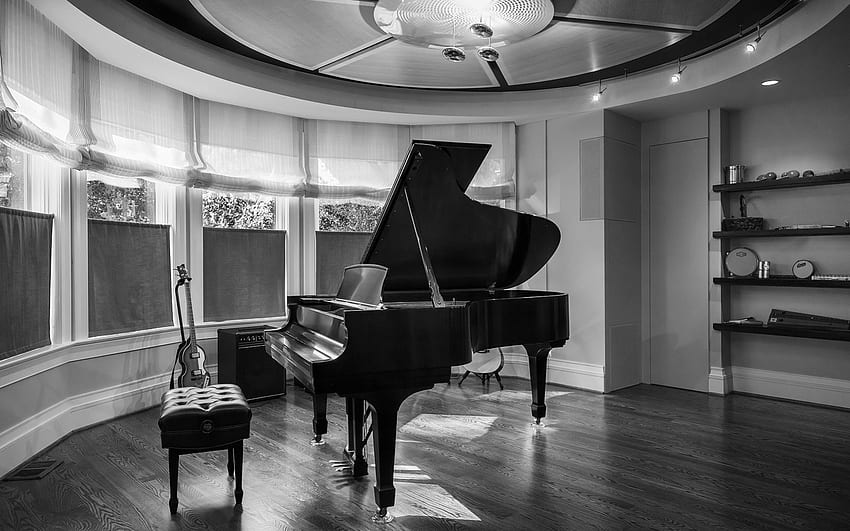 Ruang Musik, putih, hitam, kamar, graphy, rumah, gitar, interior, musik, piano, kayu hitam Wallpaper HD