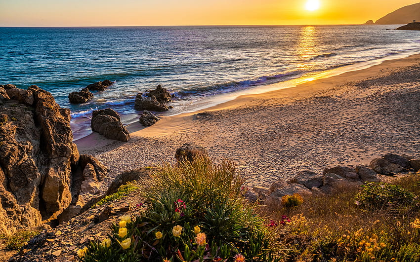 California USA Malibu Beach Footprints Nature, Malibu Beach Sunrise HD wallpaper
