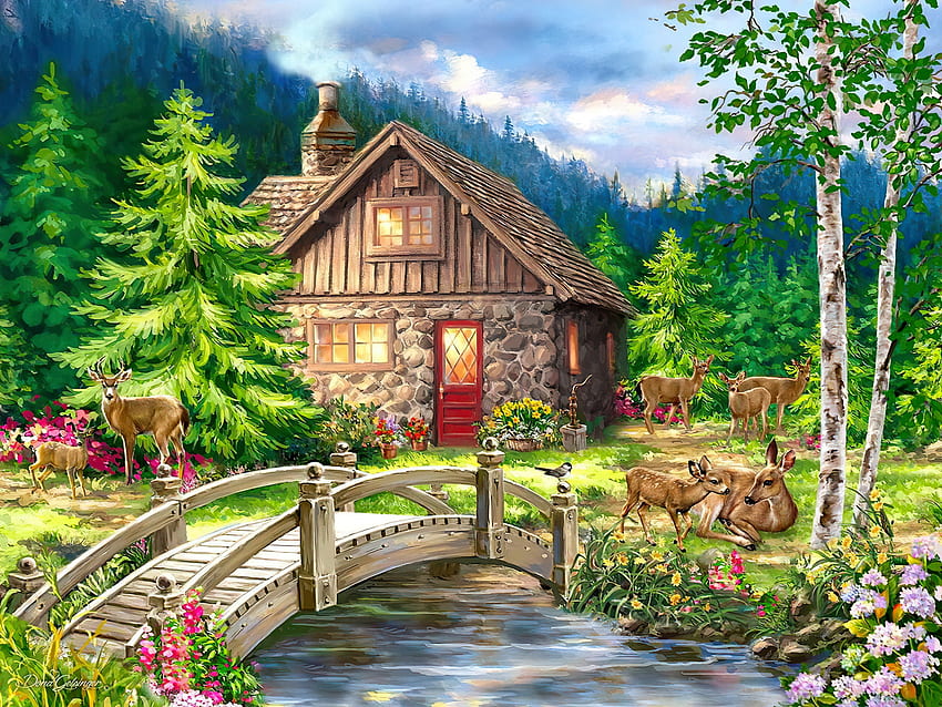 Mountain cottage, mountain, river, wooden, creek, art, paradise, peaceful, artwork, summer, painting, bridge, deers, cottage HD wallpaper