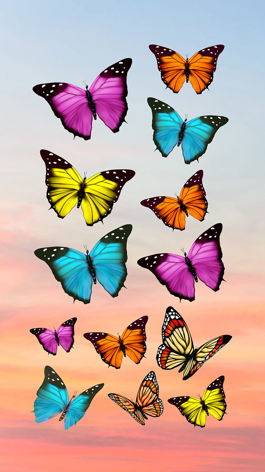 papillons colorés, esthétique, ciel, girly, papillon, morpho, monarque, coucher de soleil, mignon Fond d'écran de téléphone HD