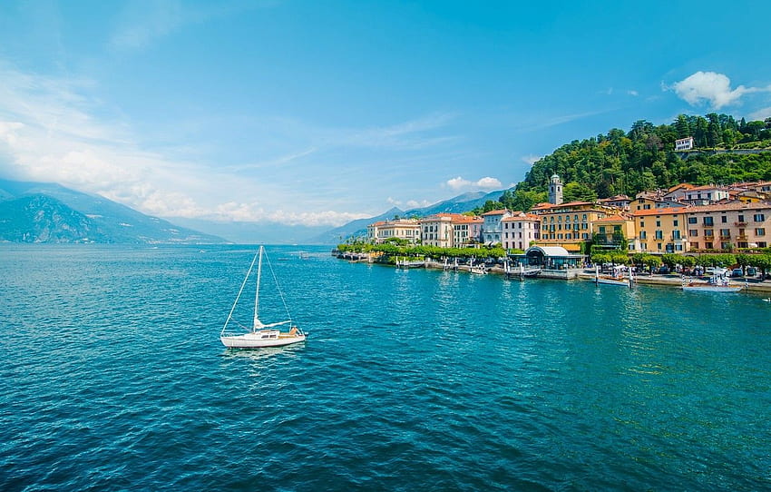 mountains, lake, building, yacht, Italy, promenade, Lake Como Italy HD wallpaper