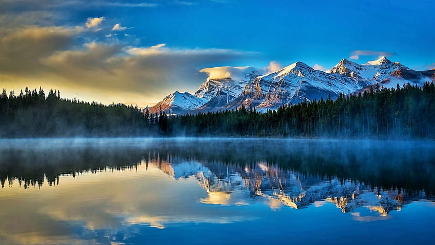 Herbert Lake, Banff NP, Alberta, trees, clouds, sky, water, forest ...