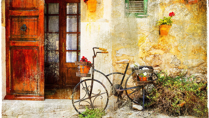 Bicycle, vintage, old house, , Art HD wallpaper