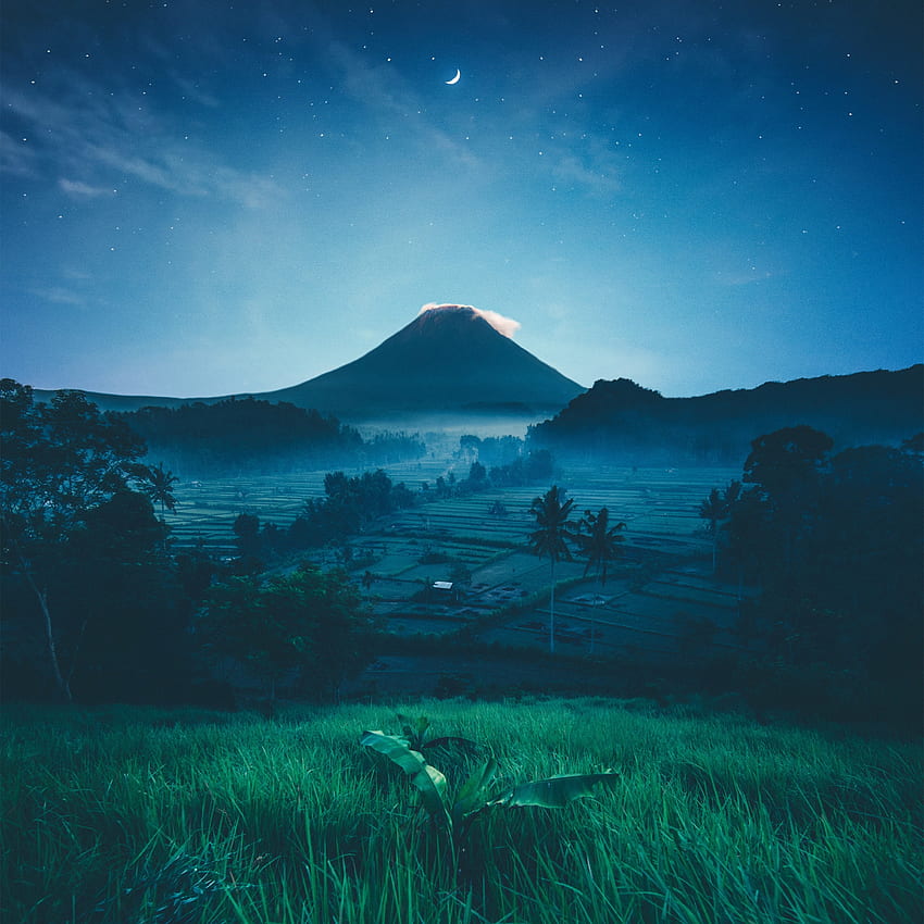 Mount Agung , Volcano, Rice fields, Bali, Indonesia, Crescent Moon, Starry sky, Night, Nature HD phone wallpaper