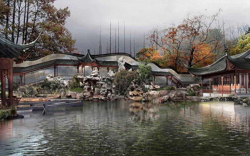 中国庭園デザインのベスト 3D ビュー 高画質の壁紙