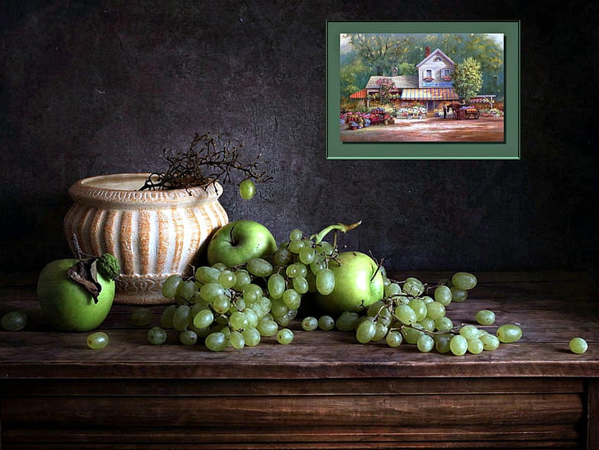 Green Apples & Grapes Still Life, apples, , green, grapes HD wallpaper