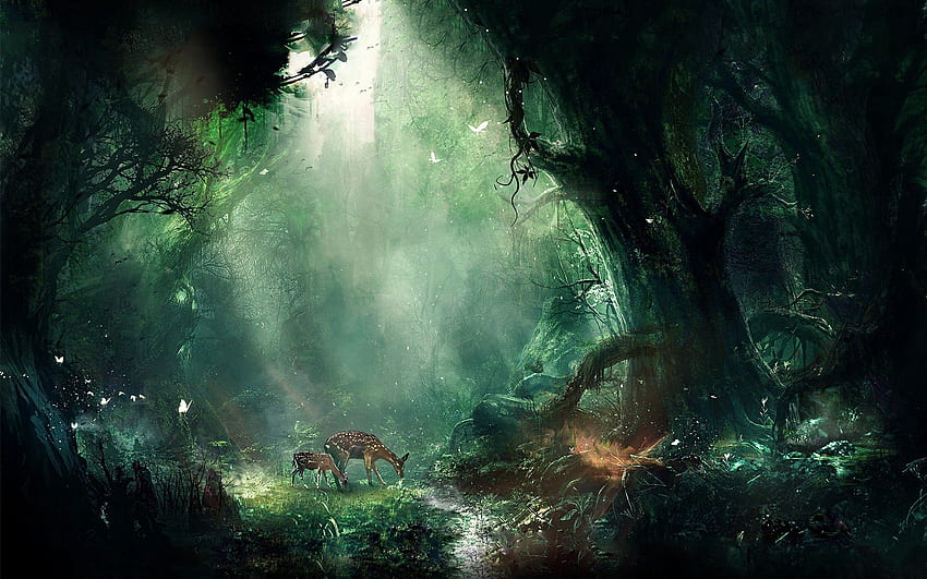 ファンタジー, 蝶, 木, 夜, 鹿, ジャングル 高画質の壁紙