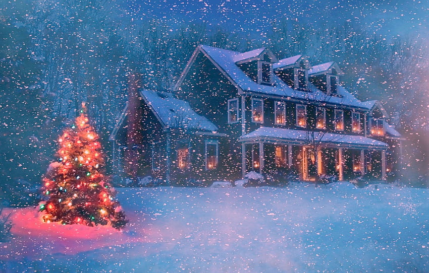Winter, Wald, Schnee, Bäume, Schneeflocken, Nacht, Lichter, Haus, Neujahr, Weihnachten, Kunst, Baum für , Abschnitt новый год - , Weihnachtskunst HD-Hintergrundbild