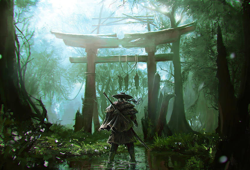 Ghost of Tsushima, ninja przy bramie, grafika gry Tapeta HD