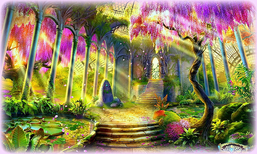Друго: Дигитално изкуство Цветя Пейзаж Растения Водопад Прекрасни лъчи Езеро, Дигитална градина HD тапет