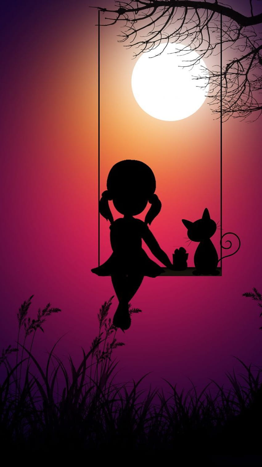 Bambina e gatto, altalena, chiaro di luna, arte digitale, . Shadow painting, carino, Pittura artistica, Simple Cat Art Sfondo del telefono HD