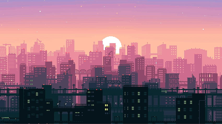 Bit Pixel Art City, Artist, , , Background, Pink Pixel Art HD wallpaper