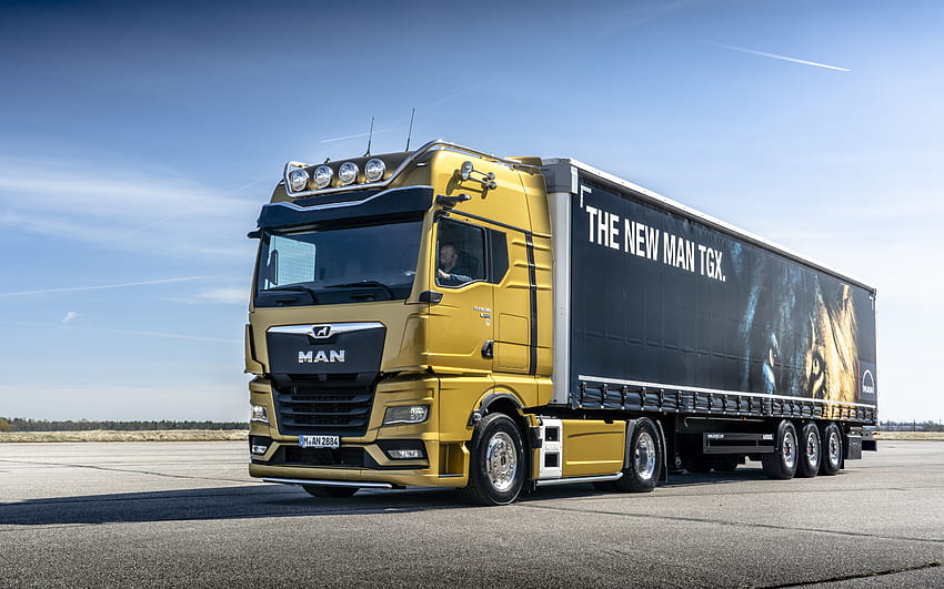 MAN TGX、2021年、正面図、外観、TGX 18580、新しい黄色のMAN TGX、トラック輸送、貨物配達、新しいトラック、MAN 高画質の壁紙