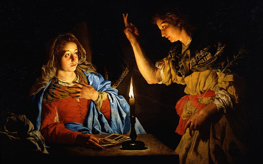 Annunciation by Matthias Stom, annunciation, matthias stom, painting, art, pictura, angel, maria HD wallpaper
