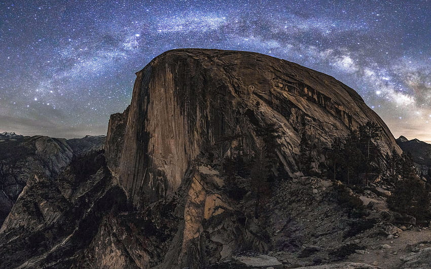 Milky Way arching over Half Dome, Yosemite National Park, sky, california, usa, night, light, clouds HD wallpaper